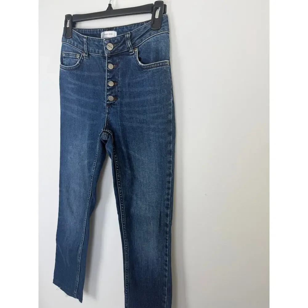 Anine Bing Womens Button Fly Raw Hem Denim Medium Wash Skinny Blue Jeans 26
